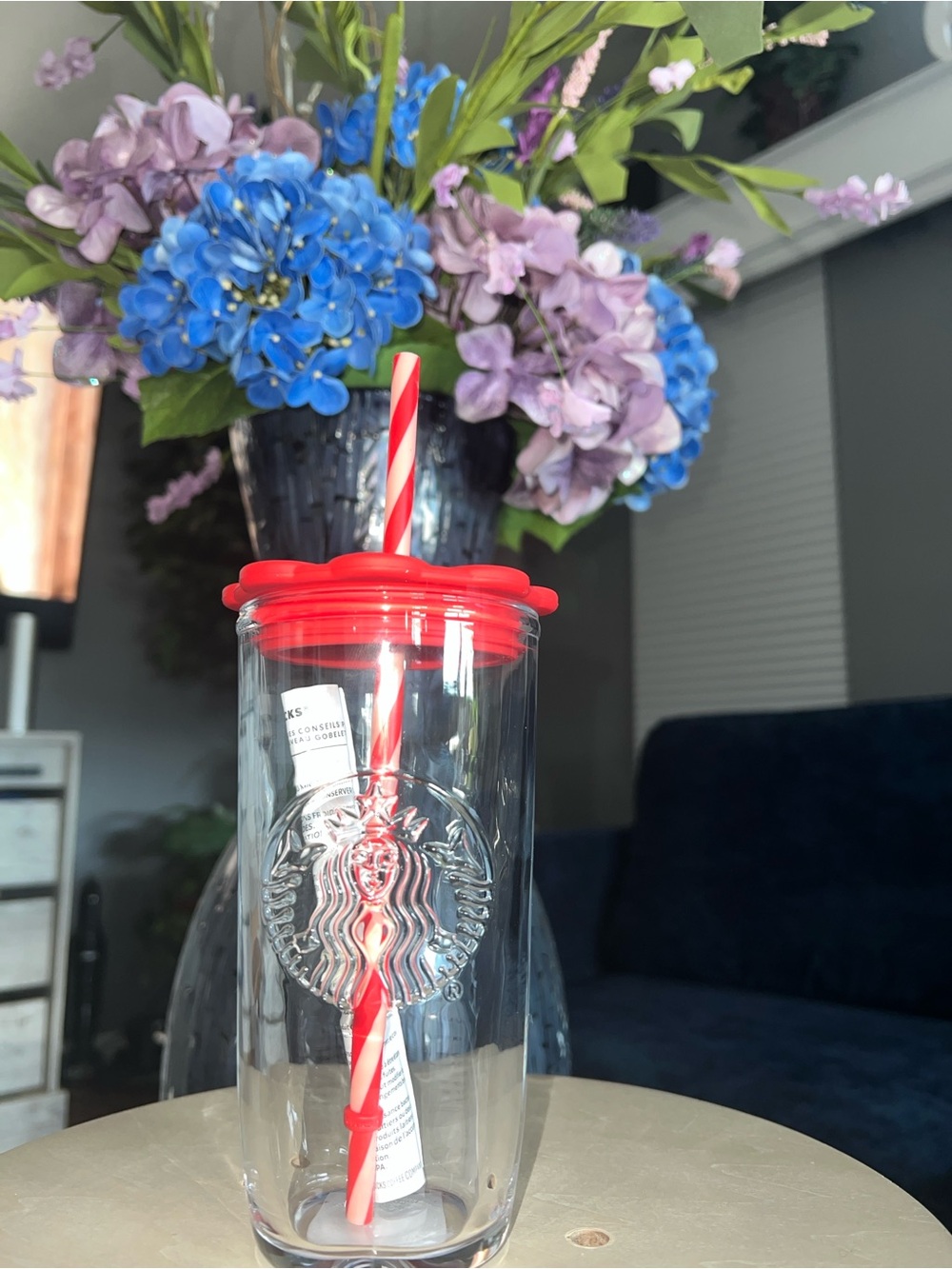 🌺 Starbucks Glass Tumbler Embossed Siren Red Flower Lid Candy Cane Straw NWT🌺